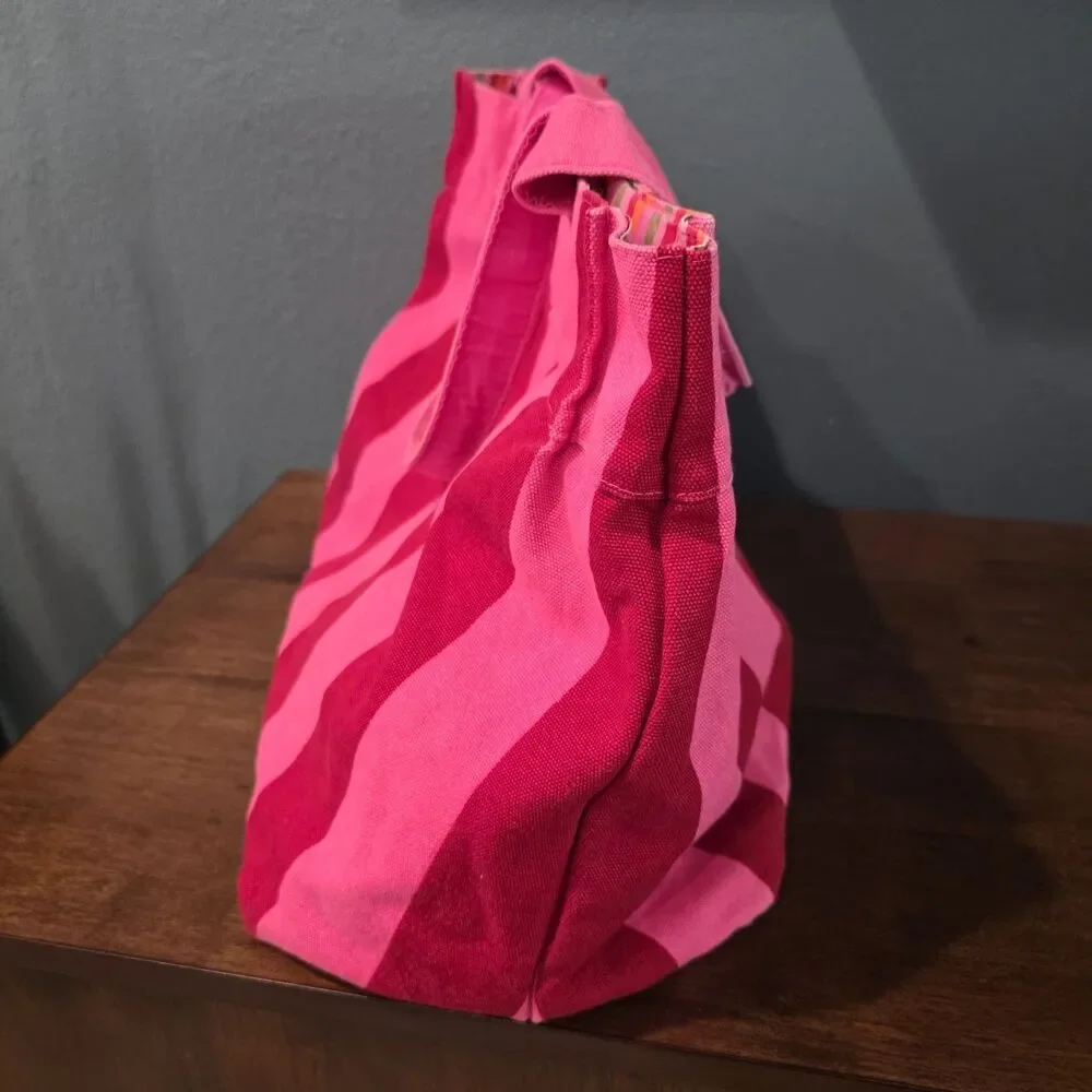 Victoria's Secret 2009 Hot Pink Striped Logo Canvas Tote Bag Reversable 18x13